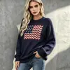 Suéter de punto jacquard redondo retro americano para mujer, nuevo jersey holgado de otoño e invierno con estampado de bandera, top de manga larga