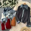 Cárdigan de Punto Patchwork de Mezclilla Retro Falso Dos Piezas para Mujer Versátil Reductor de Edad Abrigo Suéter Otoño 2026 Casual