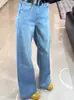Calça Reta Wide Leg de Cintura Alta Azul para Mulheres, Novo Estilo de Outono, Petite Solta Plus Size Fluida Emagrecedora Jeans com Strass