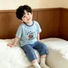 Pijama Infantil Meninos Verão Calça Sete Pontos Algodão Liocel 10A Antibacteriano Estilo Coreano ins Conjunto Unissex para Casa