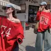 [Fábrica de Diseño Propio Lista para Entrega] Sudadera de Hombro Caído con Estampado de Letras Diseñada para Mujer en Otoño Top Holgado Off-Shoulder