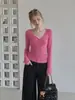 Ummoimoi Camiseta de Manga Larga con Cuello en V Rosa de Alto IQ con Cintura Ajustada para Mujer Estilo Suave de Otoño Corte Ajustado Capa Interior Capa Exterior Top