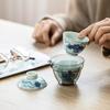 Juego de té de viaje de vidrio azul y blanco antiguo anti-quemaduras para una persona, portátil para exteriores, taza de cerámica Express, una tetera, dos tazas