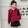 Top con Cuello de Muñeca para Niña Otoño Nuevo Casual Moda Niña Pequeña Rojo Primavera y Otoño Niños Medianos y Grandes Estilo Occidental Sudadera