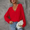Ropa de Mujer Transfronteriza Europea y Americana Verano Color Sólido Manga Obispal Jersey de Manga Larga de un Solo Botón Camisa de Gasa con Cuello en V para Mujer Versátil