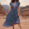 Estación Independiente Amazon Transfronterizo Nuevo Vestido de Comercio Exterior Europeo y Americano Retro Estampado Verde Vestido Ajustado Algodón de Verano para Mujer