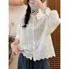 Camisa de Manga Larga Sencilla Bordada de Algodón de Color Sólido con Retazos y Cuello de Encaje 2026, Camisa Suave Estilo Mori