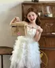 Vestido de Gaze com Suspensório para Meninas 26 Novo Estilo de Verão Vestido Longo de Colete Infantil Moda Versátil Vestido Princesa Azul Bufante para Meninas