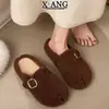 En stock~Pantuflas de lana de cordero con suela gruesa de 3 cm para usar en exteriores, zuecos de felpa fáciles de poner estilo Birkenstock, pantuflas de algodón cálidas para mujer con forro de vellón