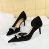 1363-AK80 Zapatos de tacón alto para mujer, de gamuza, con tacón de aguja, punta baja, puntiaguda, con hebilla de diamante de metal.