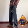Jeans de pierna ancha para hombre, corte recto holgado, estilo retro americano, cintura elástica, pantalones largos casuales de trabajo, duraderos y con forro polar