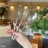 Cuchillo y Tenedor de Acero Inoxidable 304 con Mango de Bambú, Cubiertos Occidentales Creativos Estilo Hotel, Juego Doméstico de Cuchillo, Tenedor y Cuchara para Bistec 3D