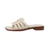 Sandalias y pantuflas retro francesas para mujer, de verano, planas, de piel suave, antideslizantes, con suela suave tejida, color marrón