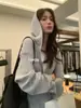 Moletom com capuz e zíper em tricô waffle estilo coreano cor verde limão, modelagem solta, casual, cardigã estilo preppy, blusa de outono feminina