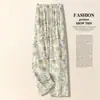 Calça Wide Leg Estampada de Seda Gelada para Mulheres 2026 Novo Verão Fina Cintura Elástica Solta Casual Calças de Cintura Alta Retas Longas