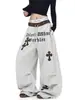 Pantalones de chándal casual retro hip-hop con estampado de leopardo y retazos, estilo coreano, plisados, de pierna ancha, para mujer, versátiles para primavera y danza de jazz