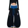 Pantalones de Chándal Retro Americano Doble Cintura Bordado de Letras Dobladillo Curvo Unisex Verano Nuevo Baile de Jazz Sueltos Pierna Ancha