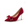 8777H-058 salto agulha bico fino laço camurça vermelho saltos altos vestido festivo sapatos de noiva sapatos de dama de honra