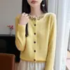Nuevo cárdigan largo de lana pura para mujer de otoño e invierno con pedrería, top de lana de color liso adornado con pedrería hecho a mano