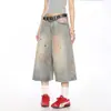 Shorts Jeans de Verão Novo Estilo para Mulheres, Estilo Americano Streetwear, Tingimento Sujo, Design Lavado e Desgastado, Calça Cropped Casual Solta