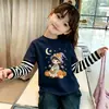 Top Básico Dulce y Lindo Cuello Redondo Nuevo Estilo Primavera y Otoño Falso Dos Piezas Patchwork Rayado Algodón Puro Manga Larga para Niñas
