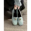 Sapatos Femininos de Couro Bovino de Primeira Camada com Salto Bloco, Novo Estilo para o Início da Primavera, Bico Redondo, Salto Médio, Sapatos Femininos de Cano Médio Azul Claro