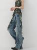 Jeans feminino 2024 novo, estilo terra gasta retrô com design desgastado e costura, perna larga solta, calça comprida