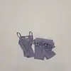 Conjunto de Verano para Niñas Bebé Elegante Personalidad Infantil Tendencia Estilo Coreano Chaleco de Rayas Camisola Cubrepañal Pantalones Cortos Falsos de Dos Piezas