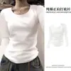 Camiseta de Algodón con Hombro Derecho, Cuello en V Americano, Manga Larga para Mujer en Otoño e Invierno, Nuevo Diseño, Top Versátil para Base