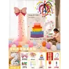 Decoración de primer cumpleaños con notas adhesivas de colores, pastel, tablero KT, globos para niños y niñas, accesorios para fotos de escena de hotel, pared de fondo