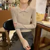Elegante Suéter de Tricô com Gola Polo de Manga Longa para Mulheres 2025 Primavera Novo Slim Fit Camisa Básica Versátil Ombro Normal Top