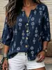 Top Feminino Exclusivo de Fornecimento Transfronteiriço Europeu e Americano com Estampa Retro, Tamanho Plus Size, Gola V, Caimento Solto, Ombros Caídos, Manga Três Quartos