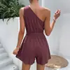 Mono Casual de Vacaciones Nuevo Estilo Europeo y Americano 2026 para TikTok con Color Sólido Texturizado de un Hombro con Atar en los Pantalones Cortos