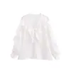 Para Exportação Atacado 2025 Estilo Europeu e Americano Nova Coleção Primavera Roupas Femininas Elegante Respirável Gola V Camisa Bordada com Folhas de Lótus em Camadas