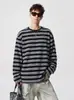 Camiseta listrada de gola redonda e manga longa, unissex, estilo outono, retrô americano, modelagem solta, casual, moderna e versátil