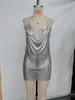 AYJ Novo Vestido Mini Prata com Lantejoulas Gola Halter Decote em V Profundo Costas Abertas Ajustado ao Corpo Estilo Balada Roupa de Garota Popular