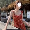 Vestido rojo floral estilo francés para la hora del té con tirantes espagueti para mujer, Modelo nuevo Verano 2025, Vestido largo para vacaciones en la playa
