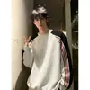 Sudadera sin capucha de bloques de color a rayas para hombre estilo americano, camiseta base de peso pesado para otoño, camiseta de manga larga de corte limpio