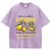 Camiseta Retro Lavada de Algodão Tamanho Europeu Cruzado Camiseta com Estampa de Limão Fresco Preto Cinza Verde
