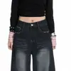 Pantalones Retro de Pierna Ancha Azul Profundo para Mujer, Elegantes Pantalones de Mezclilla Sueltos Estilizados Lavados que Adelgazan, Pantalones Largos Azul Grisáceos, Pantalones Azul Grisáceos Extra Largos