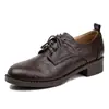 Artículos en Stock~Zapatos de Cuero Versátiles con Cordones Negros, Punta Redonda para Mujer, Tacón Grueso, Mocasines Versátiles de Cuero Genuino Estilo Retro Británico