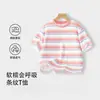 Camiseta de Verano Nueva de Algodón Puro a Rayas de Manga Corta para Niños Pequeños, Top Delgado Holgado Elegante de Media Manga para Niños