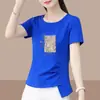 2026 Nuevo Modelo Camiseta de Manga Corta para Mujer de Comercio Exterior, Corte Holgado, Tallas Grandes, Adelgazante, Cubre Vientre, Top Estampado de Media Manga
