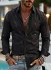 Nova camisa masculina de sarja estampada de manga longa, estilo europeu e americano, casual e elegante, com lapela, aberta na frente, para 2026