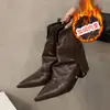 Botines de Tacón Grueso Punta Fina Estilo Callejero Botines Cortos para Mujer Otoño 2025 Nuevos Marrones Retro Botas Vaqueras Británicas Occidentales