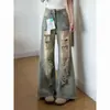 Jeans flare largo desfiado estilo retrô americano para mulheres, calças retas soltas de cintura alta para primavera/verão, calças compridas