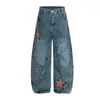 Calça Jeans Masculina Jiayiku 2025 Novo Estilo Americano Retrô Bordada com Cimitarra Unissex Vibe Solta de Perna Larga