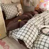 Juego de 3 piezas de gasa con fruncido minimalista para dormitorio, juego de 4 piezas de algodón burbuja japonés estilo Muji, funda de edredón a rayas de algodón puro para dormitorio