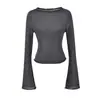Blusa de Tricô Puremente Sedutora com Gola Redonda, Manga Longa Flare, para Mulheres, Levemente Transparente, Curta, Ajuste ao Corpo, Sexy, Camisa Base Hot Girl