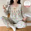 Algodón de burbujas otoño nuevo pijama mujer manga larga cuello cuadrado con almohadilla fija en el pecho ropa de casa conjunto de dos piezas